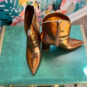 Nine West; Copper metallic, pointy toe, faux crocodile, stiletto bootie